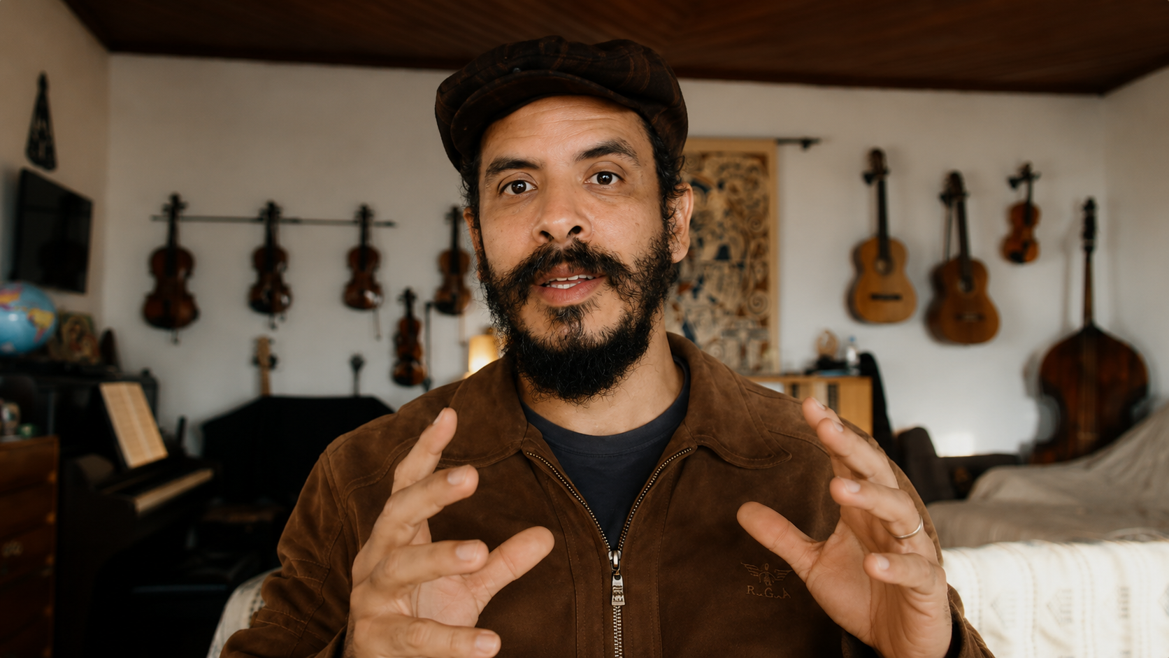 Estevão — músico, professor e pesquisador, criador do MAESTRIA, em seu ateliê com instrumentos ao fundo