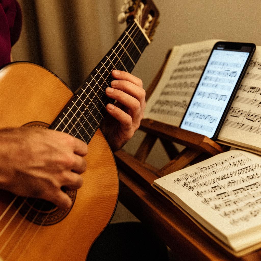 Mãos tocando teclado e violão em close