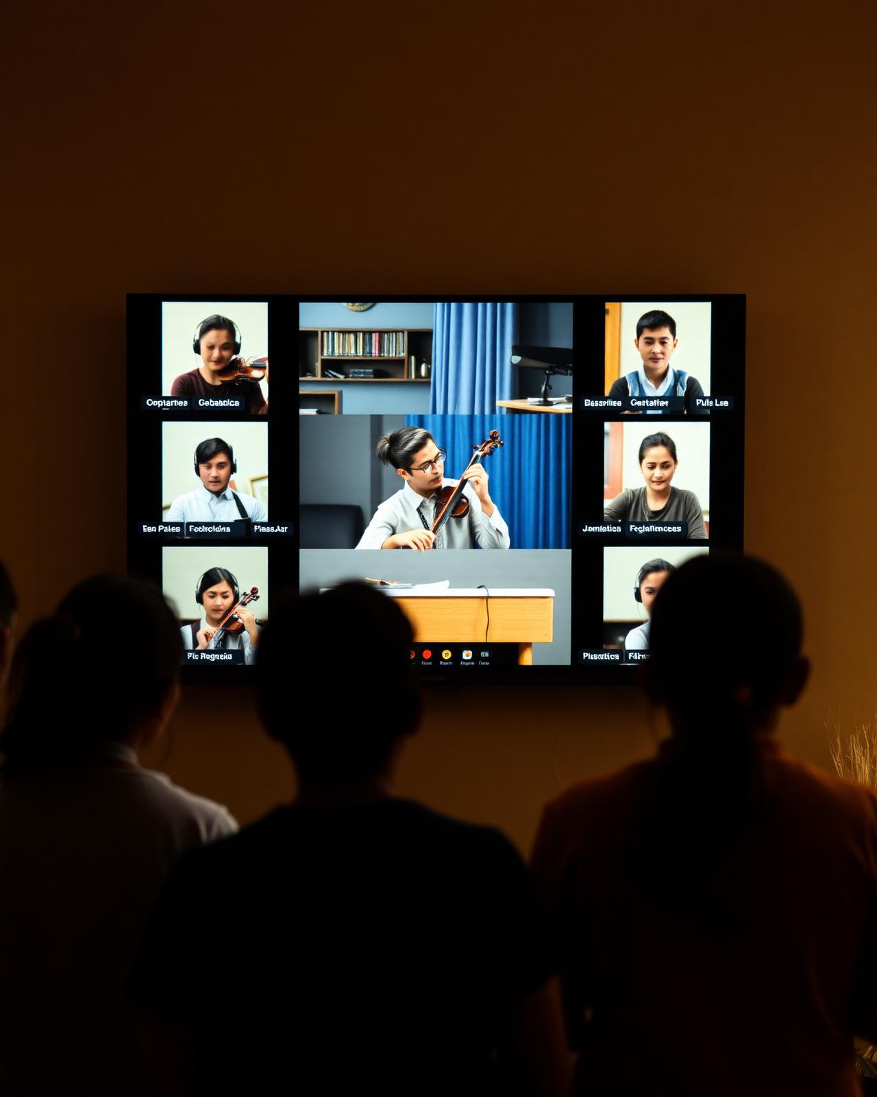 Jovem músico observando uma referência em videoaula online