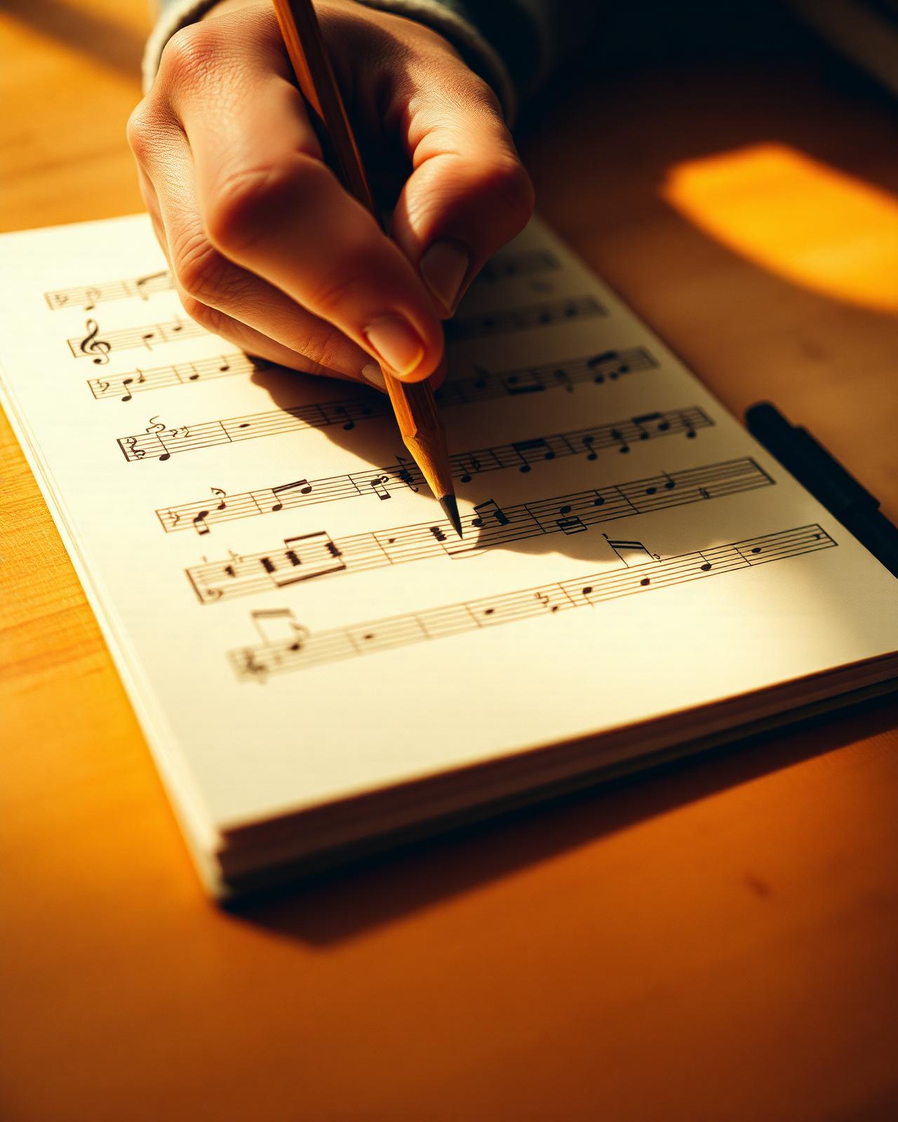 Mão escrevendo notas musicais a lápis em caderno de partitura